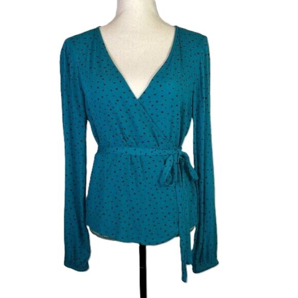Billabong Polka Dot Wrap Blouse Long Sleeves V Neck Teal Blue Green Black Size M - Picture 1 of 9